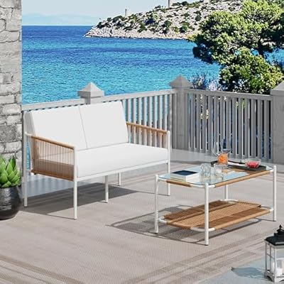 Shintenchi 2 Pieces Patio Furniture Set,Outdoor Patio Furniture Wicker Rattan Conversation Set,Including Glass Coffee Table and Loveseat with Cushion for Backyard,Balcony,Poolside(Beige)