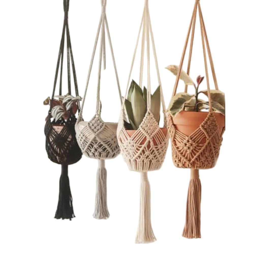 Grtheenumb Baskets|Boho Macrame Plant Hanger with Patterns 4 Pack, Handwoven Cotton Rope Plant Hangers Indoor with S Hooks for Pots 3-8 Inch, Macrame Hangers Indoor 4 Pack for Bohemian Home Decor