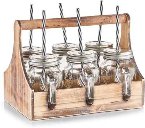 Avilia Set Vassoio In Legno Con 6 Borracce In Vetro Per Pic-Nic E Piscine 29X22.5X22.1Cm, Marrone