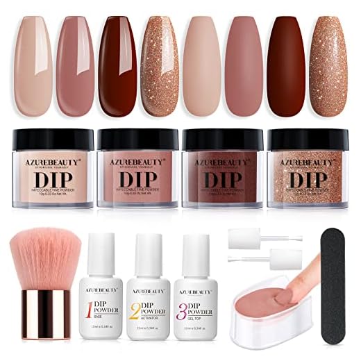 AZUREBEAUTY Dip Powder Nail Kit Starter, 4 Colors Skin Nude Brown Glitter, Acrylic Dipping Powder Liquid Set with Base/Top Coat Activator for Daily French Nail Art Manicure DIY Gift 12 Pcs
