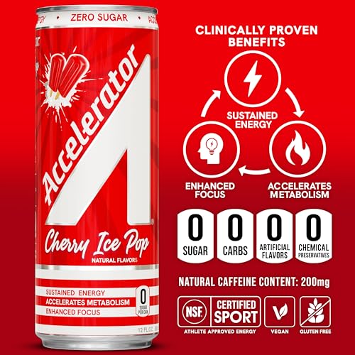 Image of Accelerator Energy Drink,Cherry Ice Pop 12oz can,Zero Sugar,Sustained Energy from 100% Natural Caffeine (200mg from Green Coffee Bean & Green Tea extract),(Pack of 24)
