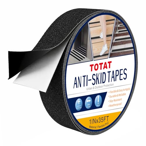 Image of Black Anti-Slip Stair Treads Tape,1 inch x35FT Heavy Duty PVC Non-Skid Grip Tape for Wooden Steps, Indoor /Outdoor Stairs, Pool Decks - Peel & Stick Waterproof Safety Traction