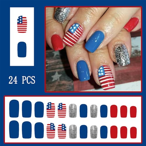 4th of July Press on Nails - Silver Glitter Short Square