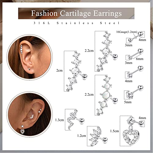 Jstyle 15 Pcs 16G Cartilage Earring Stud Earrings For Women Men Surgical Stainless Steel Cz Opal Snake Heart Cartilage Hoop Septum Ring Tragus Helix Daith Conch Piercing Jewelry Set Silver Tone #TOP3