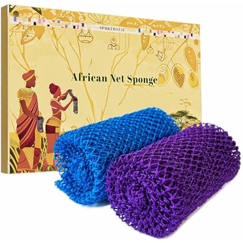 SPMKTBOZAI African Net Sponge Authentic, 2 Pieces African Exfoliating Sponge Real African Net Black Owned, African Bath Sponge Back Scrubber, Body Exfoliator Shower Bath Accessories (Purple, sky blue) Cover