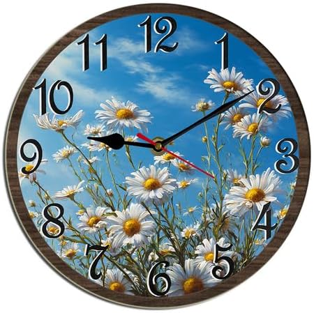Daisy Wall Clock Spring Floral Wooden Decorative Desk Kitchen Decor Decorative Battery Operated Clocks For Living Room Bedroom Bathroom Farmhouse Round 12"