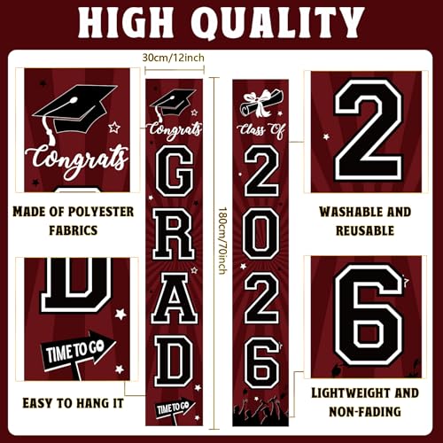 Image of Graduation Banner 2026 Graduation Decorations Maroon and Black Grad Banner Porch Sign Class of 2026 Door Decor Congrats Hanging Backdrop Maroon Grad Party Decor for School Congratulations Supplies
