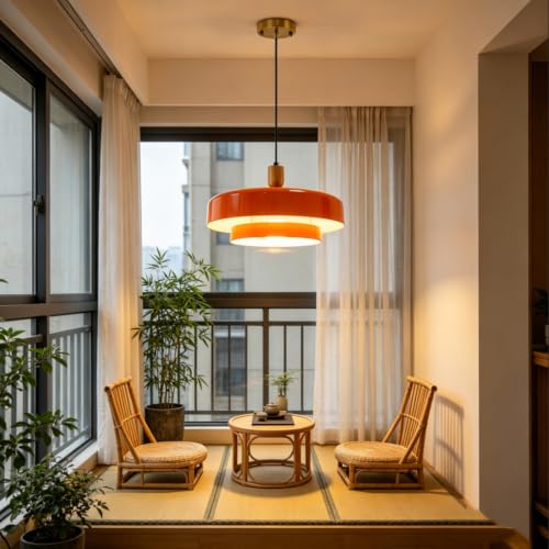 Image of Mid Century Orange Hanging Pendant Light, 2‑Tier Metal Hanging Lamp