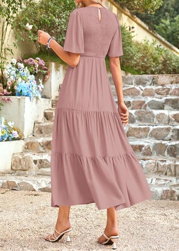 Image of KIRUNDO Summer Dresses for Women 2026 Spring Casual Flutter Short Sleeve Wedding Guest Smocked Flowy Tiered Aline Midi Dress