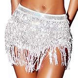 Zoestar Boho Sequin Tassel Hip Scarf Multiplayer Belly Dance Belt Dance Performance Skirt for Women and Girls (Silver)