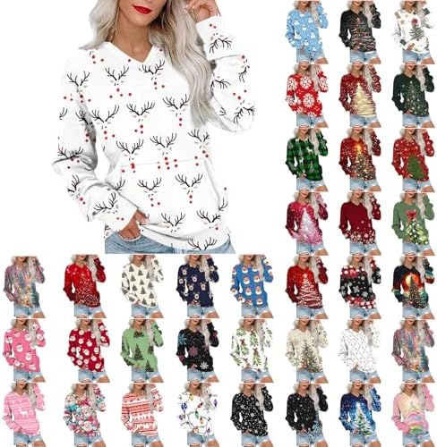 Christmas Sweatshirts for Women Funny Merry Xmas Theme Patterns V-Neck Tops Casual Holiday Party Ugly Sweatshirt