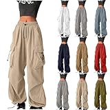 Parachute Pants Woman Y2K Fashion Baggy Cargo Pants Drawstring Elastic High Waist Streetwear Trousers with Pockets Khaki