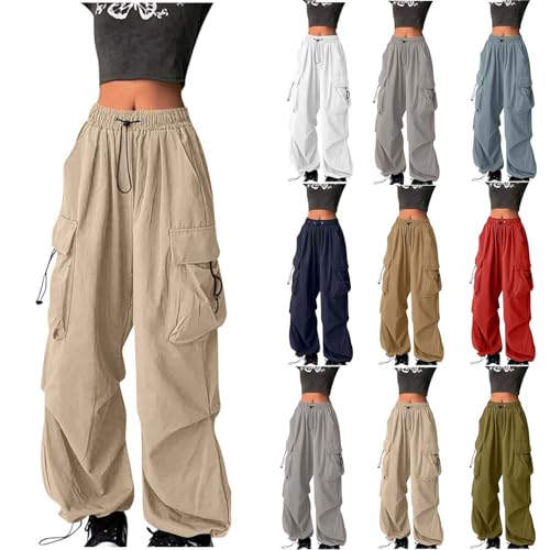 Parachute Pants Woman Y2K Fashion Baggy Cargo Pants Drawstring Elastic High Waist Streetwear Trousers with Pockets Khaki