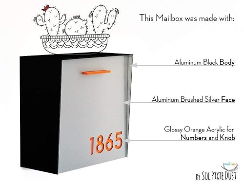 Miniatura 2 de Wall Mounted Mailbox - Aluminum (ACP) Brush Silver Face, Black Aluminum Body and Orange Acrylic numbers - Modern Design - Custom Mailbox - Postbox -