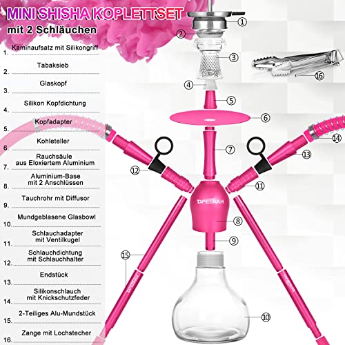 Mini Shisha Set, 42cm Hookah to go 2 Schläuche 2 Anschlüsse, Aluminium Wasserpfeife Set Klein, Reise Shisha Komplett mit… – Bild 3