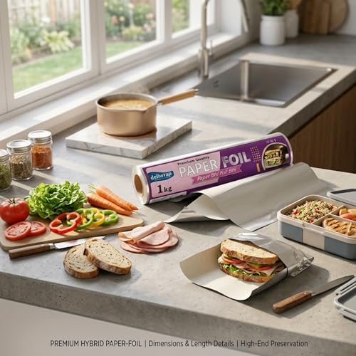Image of 2-in-1 Paper & Silver Aluminium Foil Roll (1kg Net) | Greaseproof & Heat Retention | Keeps Food Fresh | Perfect for Wrapping, Packing, Storing & Serving