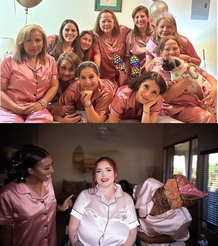 Image of SWOMOG Women's Plus Size Pajamas Silk Satin Pajama Set Short Sleeve Shirt with Full-Length Pants Pjs Sleepwear Set 18W-26W