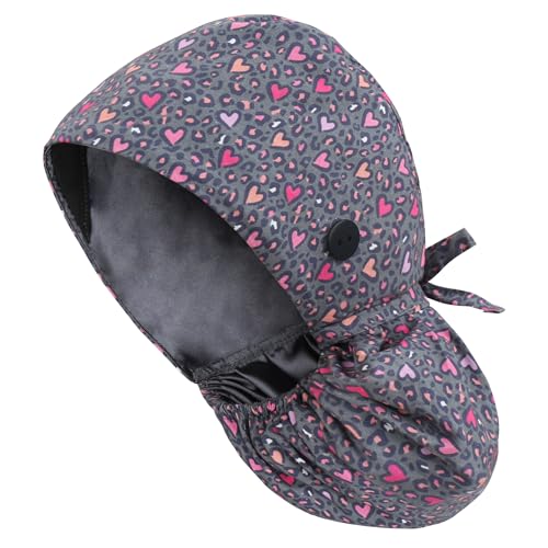 Image of Satin Lined Cheetah Heart Scrub Cap for Women, Bouffant Nurse Cap with Sweatband and Buttons, Adjustable Surgical Hat for Curly Hair, Braids, Long Hair and Buns