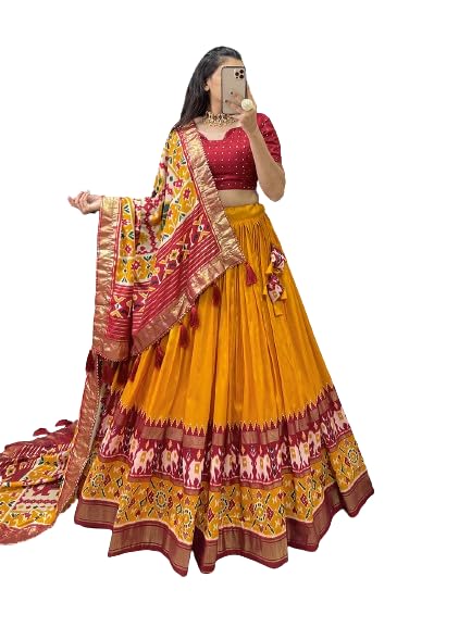 GenericWomens' Wear Tussar Silk With Patola Printed Lehenga Choli Patola Print With Foil Work Chaniya Choli