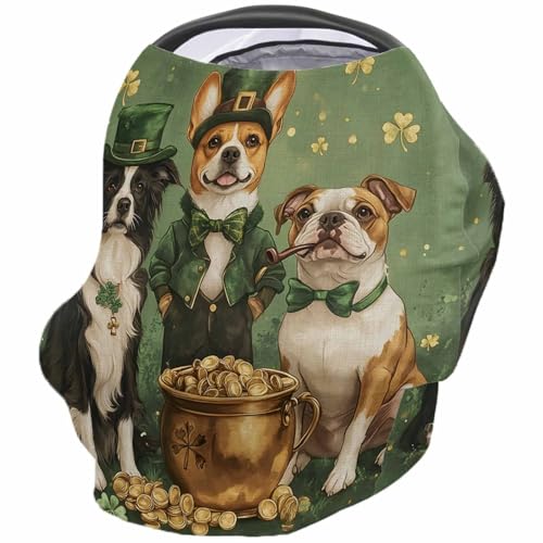 Nursing Cover for Breastfeeding Scarf, Watercolor Green Gold Coin Dogs St. Patrick's Day Baby Car Covers Super Soft Multi Use for Canopy Shopping Cart Cover Blanket Stroller Cover