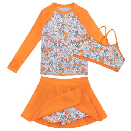 Image of Girls Swimsuit Long Sleeve Swim Shirt 3 Piece Rash Guard for Girls Bathing Suit with Boyshorts