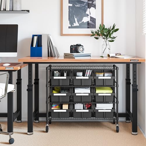 Image of 4-Tier NSF 9-Bin Steel Wire Shelving Rack, 36 inchW x 14 inchD x 31 inchH, Graphite | 9 slide-out bins with tilt-lock design keep supplies organized and accessible