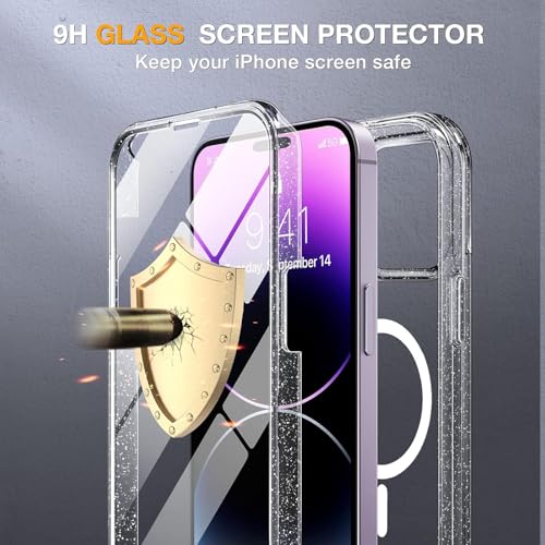 Image of Miracase Magnetic for iPhone 14 Pro Case 6.1 inch, (Compatible with MagSafe) Upgrade Full-Body Clear Phone Bumper Case with Built-in 9H Tempered Glass Screen Protector, Magnetic Glitter Clear