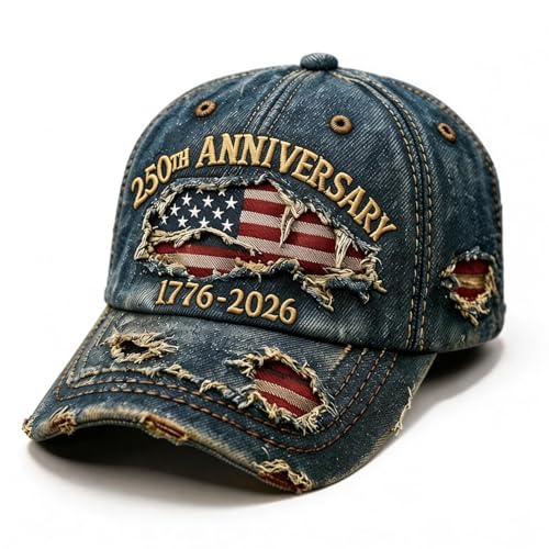 250 Anniversary USA Hat 1776-2026, Distressed Denim Embroidered Flag Patriotic Hat, Adjustable 4th of July Vintage Commemorative Hat Gift for Patriots Veterans,Fathers Day Hat for dad Husband（Blue）