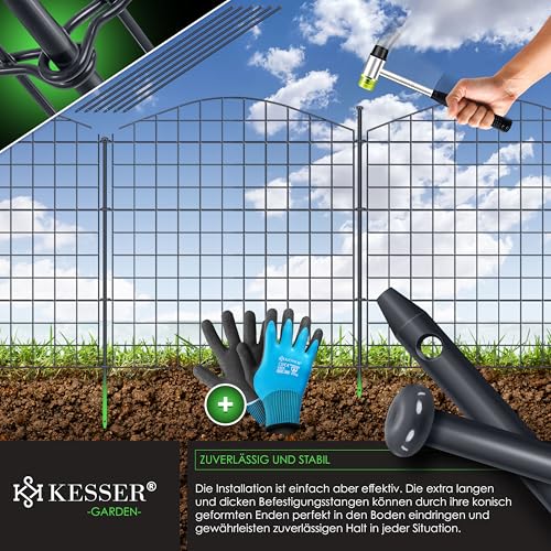 KESSER® Teichzaun Gartenzaun Steckzaun Komplettset Metall 10x Oberbogen Rund Inkl. Handschuhe, 2x Hammer + 12 Befestigungsstäben, Zaun zum stecken für Garten, Gitterzaun Set Freigehege für Tiere