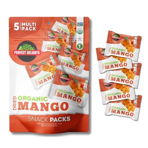 Perfect Delights Organic Sun-Dried Mangoes, Vegan, Healthy Snack Packs, Easy-to-Carry Dried Mangos, Perfect for Kids & Adults 5 Pack (1.76 oz each)