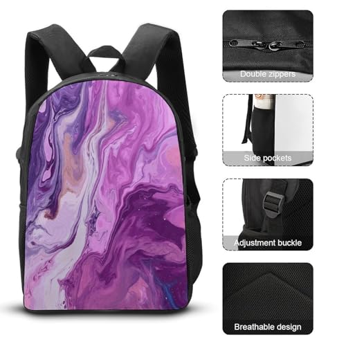 Printed Backpack With Lunch Pack Storage Box Case Marble Purple Colorful 3pcs Lightweight Travel Backpack3