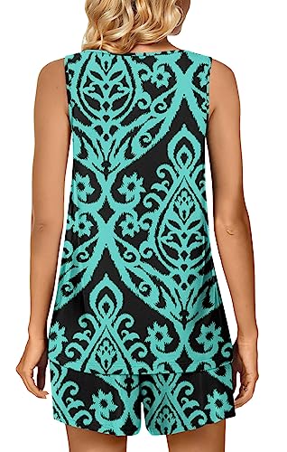 Image of POPYOUNG Pajama Set for Women Summer 2 Piece Lounge Shorts Sets Sleepwear | Womens Pajama Sets Cooling pijamas de mujer for Summer with Pockets Sleeveless Nightwear Outfits Pjs Shorts Set