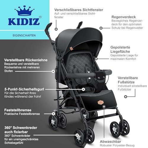KIDIZ® Kinderwagen City-Pro Buggy Kinderbuggy klappbar Liegebuggy Sportwagen Faltbar 360° 6-Zoll-Rädern Inkl. Moskitonetz, Fußsack und Regenverdeck zusammenklappbar Schlaffunktion Anthrazit