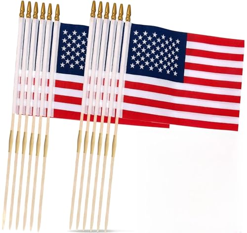 12 Packs 12x18 Inch American Flags with Stick USA Handheld Flags 12x18 on Wooden Stick with Kid-safe Spear Top for Outside Memorial Day Grave Markers 4th of July Decorations Veterans Parades