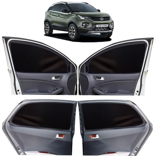 Image of OTO2EYE Car Sun Shade Compatible for Tata Nexon Model 2023 Onwards, Z-Black Super Magnetic Grip, Front Window Zipper, Side Window Curtains, 4 Pieces Set