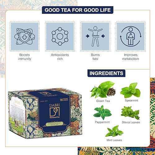 Image of Dabri Moroccan Mint Green Tea 16 Pyramid Dip Tea Bags | Premium Loose Leaves with Natural Taste | Rich in Antioxidants | Supports Weight Management & Helps Maintain Healthy Blood Pressure