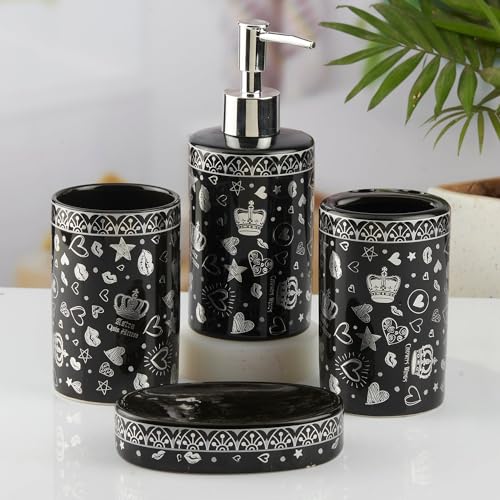 Image of SaSaSa Ceramic Bathroom Accessories Set of 4 Modern Bath Set with Soap Dispenser & Toothbrush Holder, Luxury Home & Gift Idea, Black /Silver (10463)