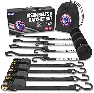 Ratchet Straps 20ft (6m) 4 Pack 1000kg Break Strength UV Resistant Heavy Duty Cargo Tie Down Straps with Ergonomic Rubber Grips & Coated Deep S Hooks by Bison Gear® (6m 1000kg Break Strength, Black)
