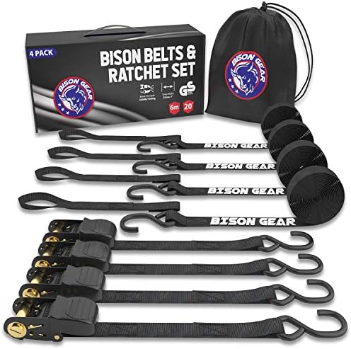 Ratchet Tie Down Straps 20ft 4 Pack by Bison Gear® UV Resistant 2200lb Heavy Duty Cargo Straps with Ergonomic Rubber Grips & Coated Deep S Hooks - Safety Standards Certified (Black)