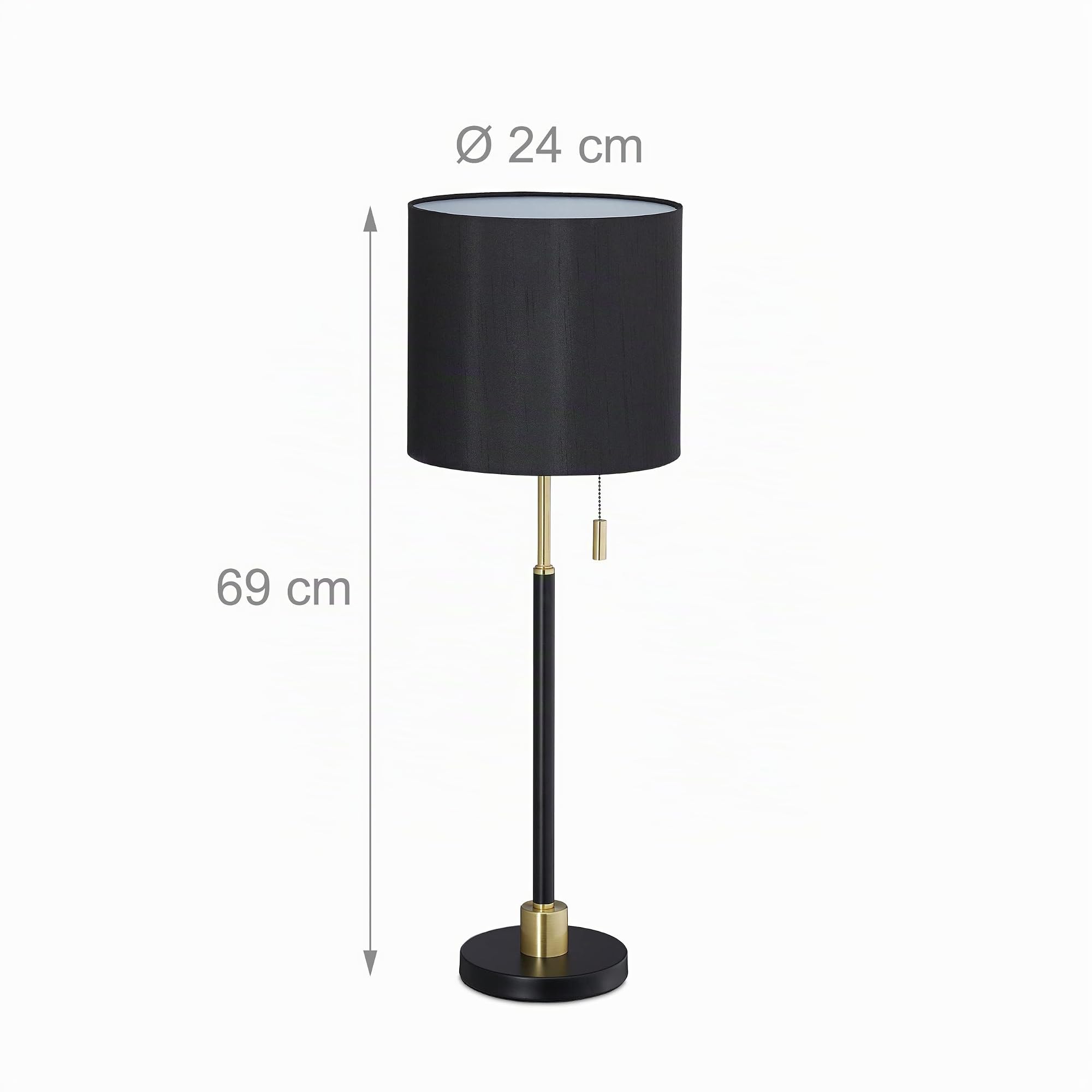 Relaxdays Lámpara Mesa, Interruptor de Cadena, Luz Mesita Noche Elegante, Pantalla Tela, E27, 69 x 24 cm, Negro y Dorado