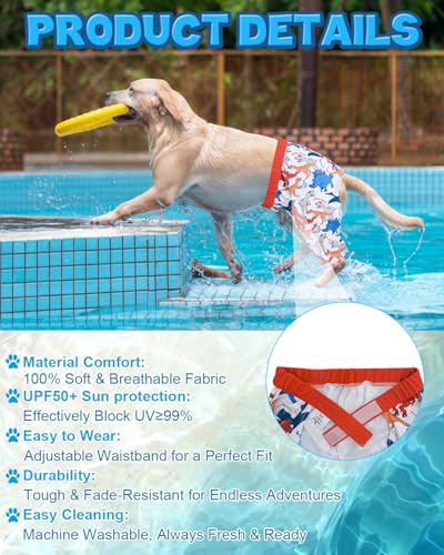 Image of CuteBone Dog Swim Trunks Swimsuit Durable & Comfortable - Quick-Dry, Adjustable Waistband Shorts, UV Protection Bikini- Perfect for Beach, Pool & Outdoor Fun, Dinos DST08L