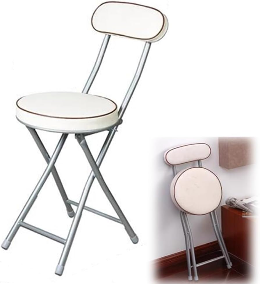 Folding Bar Stool Chair with Backrest Support, 18inch Round Padded High Chair for Kitchen Office Garden Party, Height from Floor to Seat: 47cm (White)