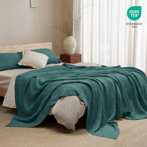 Image of PHF 100% Cotton Waffle Blanket Queen Size for Bed, Lightweight Breathable and Soft for Summer, Luxury Aesthetic Waffle Weave Blanket for Home Decor & Gifts for Women, 90 inchx90 inch, Teal