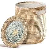 Laundry Hamper with Lid Handles 14.96Gal(56.08 L) Seagrass Laundry Hamper Round Decorative Basket Handwoven Rattan Storage Basket with Removable Liner for LivingRoom Bedroom Bathroom