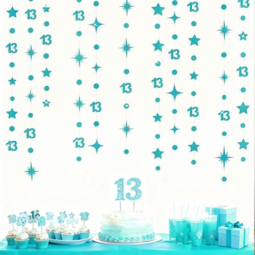 Image of Teal Blue 13th Birthday Decorations Number 13 Circle Dot Star Garland Glitter Streamer Banner Backdrop for Girls Boys Official Teenager Cheers to 13 Years Old Birthday 13th Anniversary Party Supplies