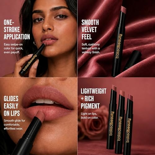 Image of BAKED BEAUTY Super Matte Lip Cream Crayon Pack of 3 Lipstick for Women | Long-Lasting 8 Hours Stay Non Transfer Retractable | Smudge Proof & Waterproof Lipstick Enriched with Jojoba Oil & Vitamin E 7.5g Mocha Talk