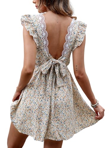 CUPSHE Women's Mini Summer Dress Cotton V Neck Flutter Sleeve Back Self Tie A-Line Casual Party Dress Beige Floral XL