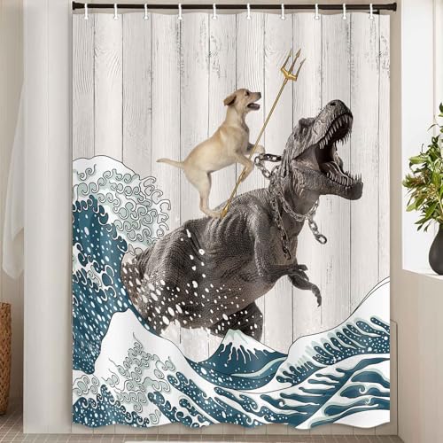 Image of Boziqr Funny Dog Shower Curtain, Japanese Ocean Wave Dinosaur Rustic Barn Door Decor Fabric Bathroom Curtains Set, Cute Animal Kids Polyester Fabric Waterproof, 60 X 70 Inches