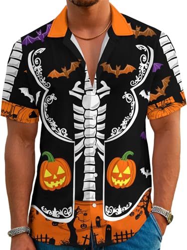 DFZ Pumpkin Hawaiian Shirts for Men Halloween Button Down Ghost Short Sleeve Shirt Costume BatTee Tee for Skull Party Top