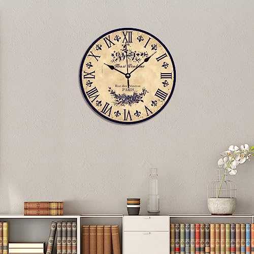 Aroggeld Blue French Toile Wall Clock Vintage Flowers Home Clocks Decor 15 Inch Battery Operated Large Decorative Silent Round Wood Hanging For Bedroom Living Room Clock, One Size #TOP4